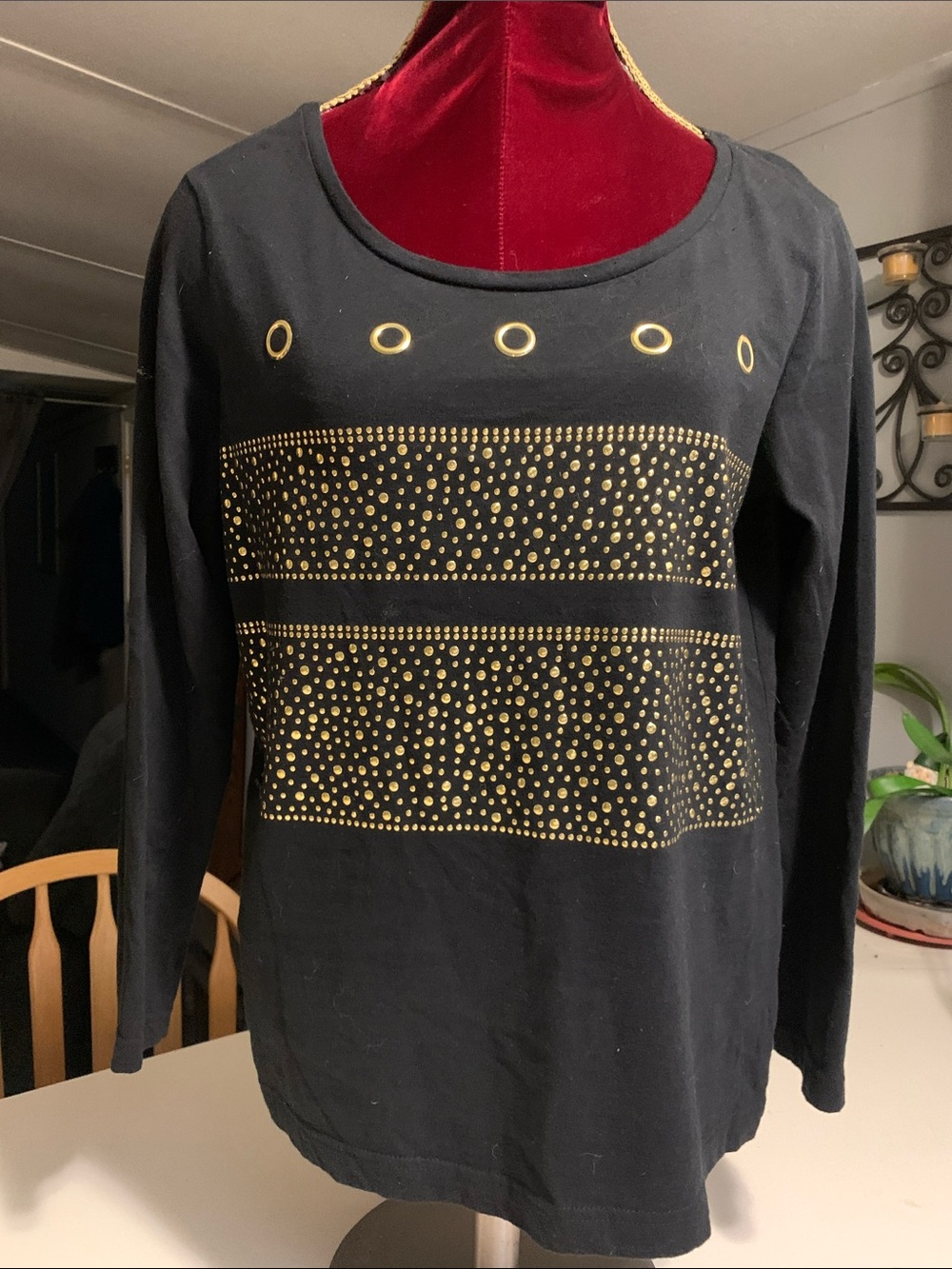 Black Long Sleeve Top with Gold Stud Detail